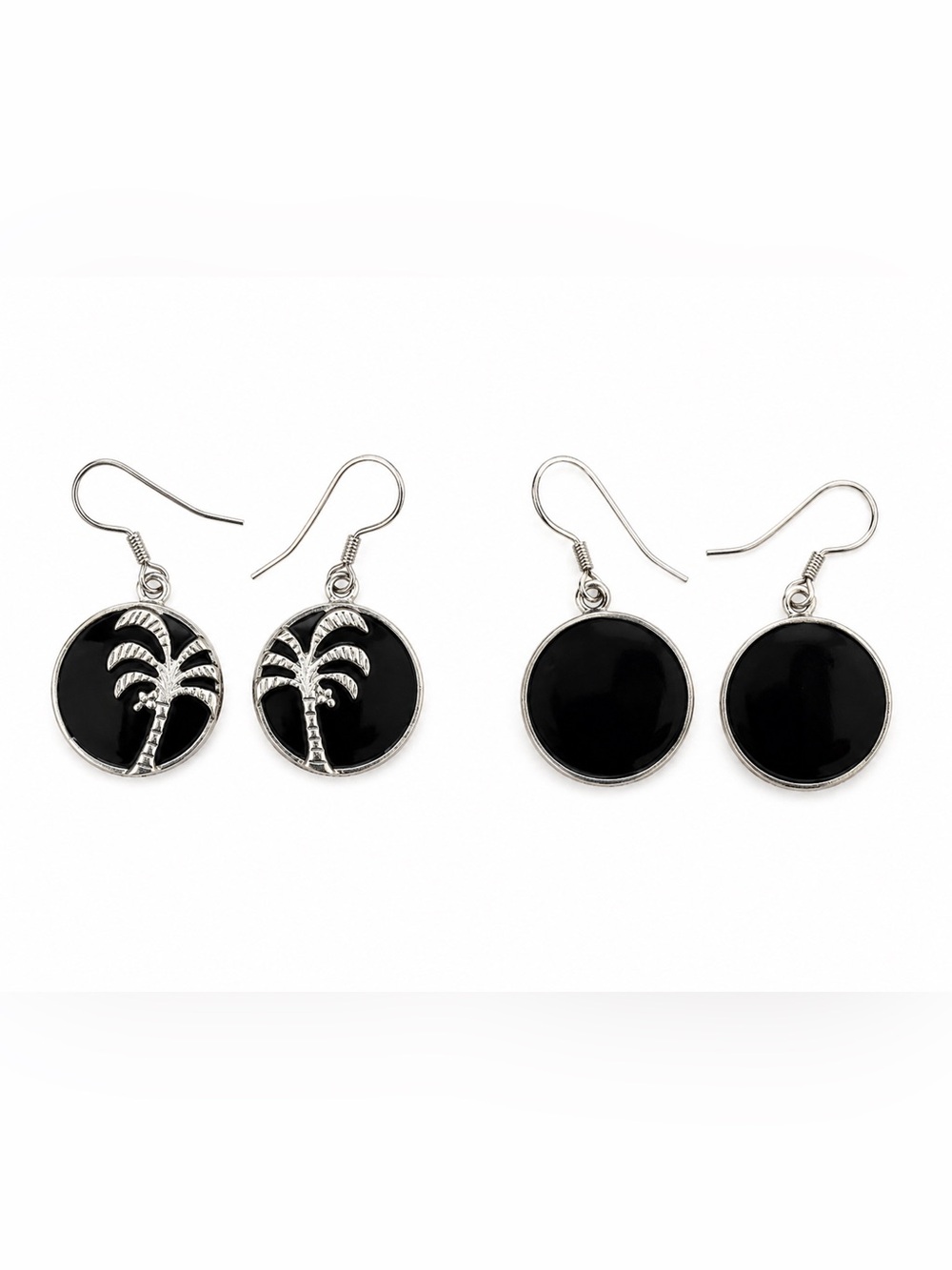 Maldives Palm Tree Drop Earrings Black & Silver Tropical Boho Vacation Jewelry